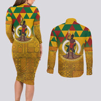 Melanesian Vanuatu Couples Matching Long Sleeve Bodycon Dress and Long Sleeve Button Shirt With Tapa Tribal Pattern and Triangle Geometric Tricolor LT03 - Polynesian Pride