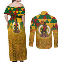 Melanesian Vanuatu Couples Matching Off Shoulder Maxi Dress and Long Sleeve Button Shirt With Tapa Tribal Pattern and Triangle Geometric Tricolor LT03 - Polynesian Pride