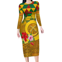 Melanesian Vanuatu Family Matching Long Sleeve Bodycon Dress and Hawaiian Shirt With Tapa Tribal Pattern and Triangle Geometric Tricolor LT03 Mom's Dress Yellow - Polynesian Pride