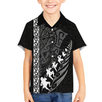 Custom New Zealand Rugby Family Matching Off Shoulder Long Sleeve Dress and Hawaiian Shirt Haka Dance Tribal God Mask Maori Pattern LT03 Son's Shirt Black - Polynesian Pride