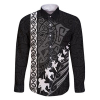 Custom New Zealand Rugby Family Matching Off Shoulder Short Dress and Hawaiian Shirt Haka Dance Tribal God Mask Maori Pattern LT03 Dad's Shirt - Long Sleeve Black - Polynesian Pride