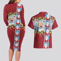 Merry Christmas Couples Matching Long Sleeve Bodycon Dress and Hawaiian Shirt Funny Santa Claus Cards Photo and Polynesian Pattern Red Color LT03 - Polynesian Pride