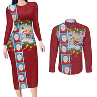 Merry Christmas Couples Matching Long Sleeve Bodycon Dress and Long Sleeve Button Shirt Funny Santa Claus Cards Photo and Polynesian Pattern Red Color LT03 Red - Polynesian Pride