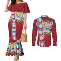 Merry Christmas Couples Matching Mermaid Dress and Long Sleeve Button Shirt Funny Santa Claus Cards Photo and Polynesian Pattern Red Color LT03 Red - Polynesian Pride