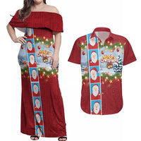 Merry Christmas Couples Matching Off Shoulder Maxi Dress and Hawaiian Shirt Funny Santa Claus Cards Photo and Polynesian Pattern Red Color LT03 Red - Polynesian Pride