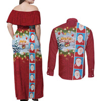 Merry Christmas Couples Matching Off Shoulder Maxi Dress and Long Sleeve Button Shirt Funny Santa Claus Cards Photo and Polynesian Pattern Red Color LT03 - Polynesian Pride