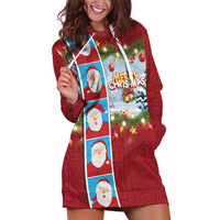 Merry Christmas Hoodie Dress Funny Santa Claus Cards Photo and Polynesian Pattern Red Color LT03 Red - Polynesian Pride
