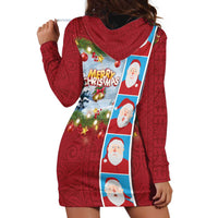 Merry Christmas Hoodie Dress Funny Santa Claus Cards Photo and Polynesian Pattern Red Color LT03 - Polynesian Pride