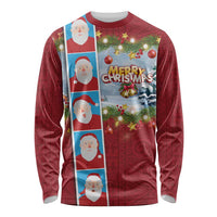 Merry Christmas Long Sleeve Shirt Funny Santa Claus Cards Photo and Polynesian Pattern Red Color LT03 Unisex Red - Polynesian Pride