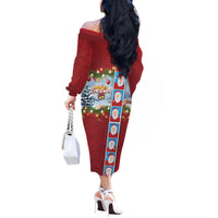 Merry Christmas Off The Shoulder Long Sleeve Dress Funny Santa Claus Cards Photo and Polynesian Pattern Red Color LT03 - Polynesian Pride