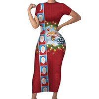Merry Christmas Short Sleeve Bodycon Dress Funny Santa Claus Cards Photo and Polynesian Pattern Red Color LT03 Long Dress Red - Polynesian Pride
