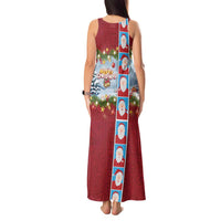 Merry Christmas Tank Maxi Dress Funny Santa Claus Cards Photo and Polynesian Pattern Red Color
