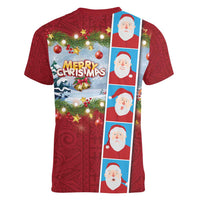 Merry Christmas Women V-Neck T-Shirt Funny Santa Claus Cards Photo and Polynesian Pattern Red Color LT03 - Polynesian Pride
