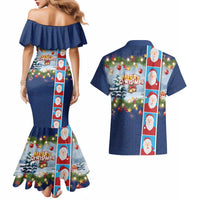 Merry Christmas Couples Matching Mermaid Dress and Hawaiian Shirt Funny Santa Claus Cards Photo and Polynesian Pattern Blue Color LT03 - Polynesian Pride