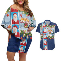 Merry Christmas Couples Matching Off Shoulder Short Dress and Hawaiian Shirt Funny Santa Claus Cards Photo and Polynesian Pattern Blue Color LT03 Blue - Polynesian Pride