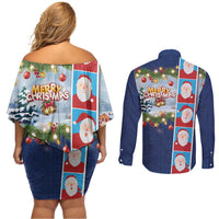 Merry Christmas Couples Matching Off Shoulder Short Dress and Long Sleeve Button Shirt Funny Santa Claus Cards Photo and Polynesian Pattern Blue Color LT03 - Polynesian Pride