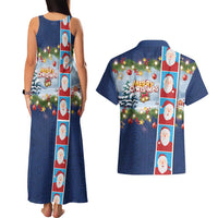 Merry Christmas Couples Matching Tank Maxi Dress and Hawaiian Shirt Funny Santa Claus Cards Photo and Polynesian Pattern Blue Color LT03 - Polynesian Pride