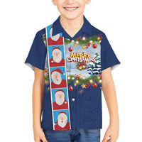 Merry Christmas Family Matching Summer Maxi Dress and Hawaiian Shirt Funny Santa Claus Cards Photo and Polynesian Pattern Blue Color LT03 Son's Shirt Blue - Polynesian Pride