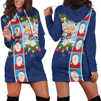 Merry Christmas Hoodie Dress Funny Santa Claus Cards Photo and Polynesian Pattern Blue Color LT03 - Polynesian Pride