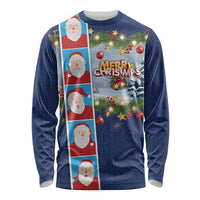 Merry Christmas Long Sleeve Shirt Funny Santa Claus Cards Photo and Polynesian Pattern Blue Color LT03 Unisex Blue - Polynesian Pride