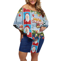 Merry Christmas Off Shoulder Short Dress Funny Santa Claus Cards Photo and Polynesian Pattern Blue Color LT03 Women Blue - Polynesian Pride