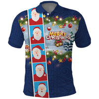 Merry Christmas Polo Shirt Funny Santa Claus Cards Photo and Polynesian Pattern Blue Color LT03 Blue - Polynesian Pride