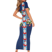 Merry Christmas Short Sleeve Bodycon Dress Funny Santa Claus Cards Photo and Polynesian Pattern Blue Color LT03 - Polynesian Pride
