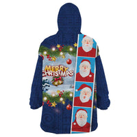 Merry Christmas Wearable Blanket Hoodie Funny Santa Claus Cards Photo and Polynesian Pattern Blue Color LT03 - Polynesian Pride