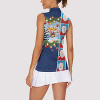 Merry Christmas Women Sleeveless Polo Shirt Funny Santa Claus Cards Photo and Polynesian Pattern Blue Color LT03 - Polynesian Pride