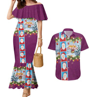 Merry Christmas Couples Matching Mermaid Dress and Hawaiian Shirt Funny Santa Claus Cards Photo and Polynesian Pattern Pink Color LT03 Pink - Polynesian Pride