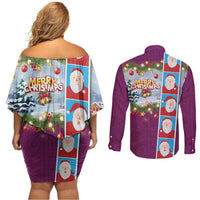 Merry Christmas Couples Matching Off Shoulder Short Dress and Long Sleeve Button Shirt Funny Santa Claus Cards Photo and Polynesian Pattern Pink Color LT03 - Polynesian Pride