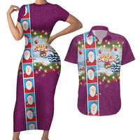 Merry Christmas Couples Matching Short Sleeve Bodycon Dress and Hawaiian Shirt Funny Santa Claus Cards Photo and Polynesian Pattern Pink Color LT03 Pink - Polynesian Pride