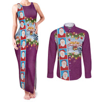 Merry Christmas Couples Matching Tank Maxi Dress and Long Sleeve Button Shirt Funny Santa Claus Cards Photo and Polynesian Pattern Pink Color LT03 Pink - Polynesian Pride