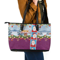 Merry Christmas Leather Tote Bag Funny Santa Claus Cards Photo and Polynesian Pattern Pink Color LT03 - Polynesian Pride