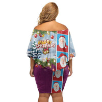 Merry Christmas Off Shoulder Short Dress Funny Santa Claus Cards Photo and Polynesian Pattern Pink Color LT03 - Polynesian Pride