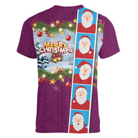 Merry Christmas Women V-Neck T-Shirt Funny Santa Claus Cards Photo and Polynesian Pattern Pink Color LT03 - Polynesian Pride