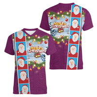 Merry Christmas Women V-Neck T-Shirt Funny Santa Claus Cards Photo and Polynesian Pattern Pink Color LT03 - Polynesian Pride