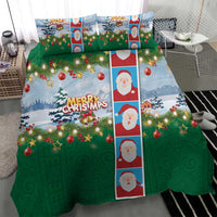 Merry Christmas Bedding Set Funny Santa Claus Cards Photo and Polynesian Pattern Green Color