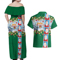 Merry Christmas Couples Matching Off Shoulder Maxi Dress and Hawaiian Shirt Funny Santa Claus Cards Photo and Polynesian Pattern Green Color LT03 - Polynesian Pride