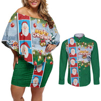 Merry Christmas Couples Matching Off Shoulder Short Dress and Long Sleeve Button Shirt Funny Santa Claus Cards Photo and Polynesian Pattern Green Color LT03 Green - Polynesian Pride