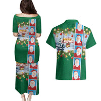 Merry Christmas Couples Matching Puletasi and Hawaiian Shirt Funny Santa Claus Cards Photo and Polynesian Pattern Green Color LT03 - Polynesian Pride