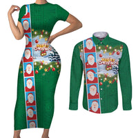 Merry Christmas Couples Matching Short Sleeve Bodycon Dress and Long Sleeve Button Shirt Funny Santa Claus Cards Photo and Polynesian Pattern Green Color LT03 Green - Polynesian Pride