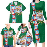 Merry Christmas Family Matching Long Sleeve Bodycon Dress and Hawaiian Shirt Funny Santa Claus Cards Photo and Polynesian Pattern Green Color LT03 - Polynesian Pride