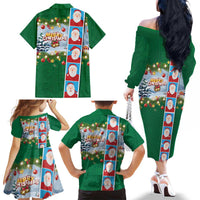 Merry Christmas Family Matching Off The Shoulder Long Sleeve Dress and Hawaiian Shirt Funny Santa Claus Cards Photo and Polynesian Pattern Green Color LT03 - Polynesian Pride