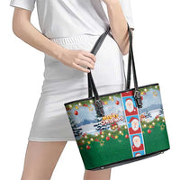 Merry Christmas Leather Tote Bag Funny Santa Claus Cards Photo and Polynesian Pattern Green Color LT03 - Polynesian Pride