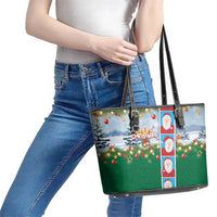Merry Christmas Leather Tote Bag Funny Santa Claus Cards Photo and Polynesian Pattern Green Color LT03 - Polynesian Pride