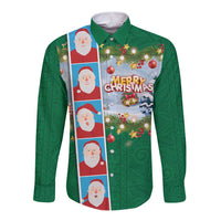 Merry Christmas Long Sleeve Button Shirt Funny Santa Claus Cards Photo and Polynesian Pattern Green Color LT03 Unisex Green - Polynesian Pride