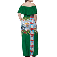 Merry Christmas Off Shoulder Maxi Dress Funny Santa Claus Cards Photo and Polynesian Pattern Green Color LT03 - Polynesian Pride