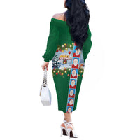 Merry Christmas Off The Shoulder Long Sleeve Dress Funny Santa Claus Cards Photo and Polynesian Pattern Green Color LT03 - Polynesian Pride