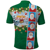 Merry Christmas Polo Shirt Funny Santa Claus Cards Photo and Polynesian Pattern Green Color LT03 - Polynesian Pride